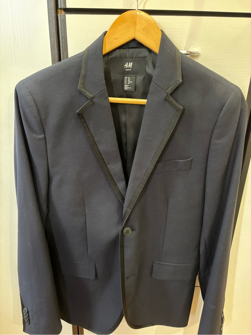 H&M Men's Dark Navy Blazer with Black Satin Trim